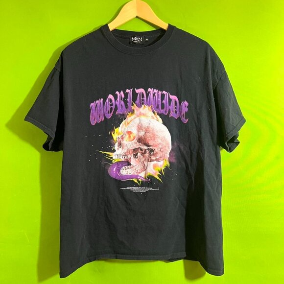 XL BooHoo Man Worldwide Skull Flame Tee‎ Shirt - Picture 1 of 3